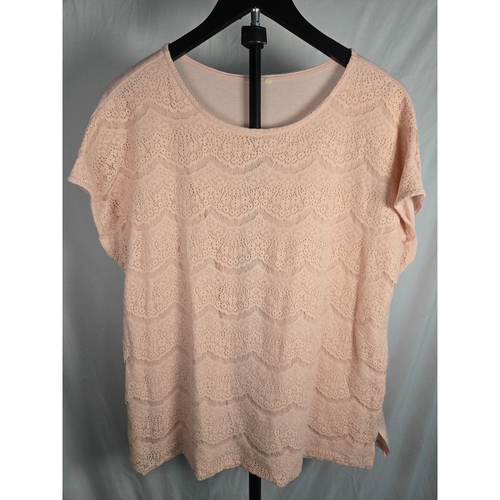 Women's Blush Pink Lace Front Top Size L/XL Boho Romantic Short Sleeve Blouse